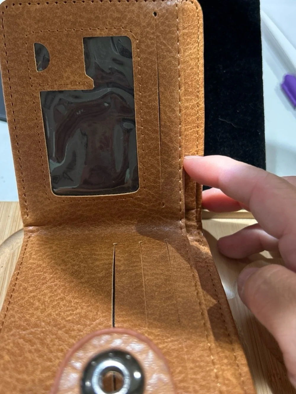 Brown Embroidered Leather Card Holder some stain in Lower back and wrinkle